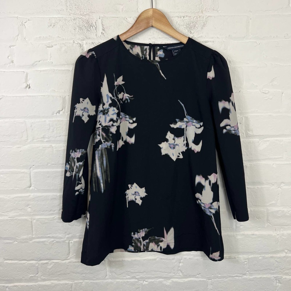 French Connection Women's Drape Blouse Top 3/4 Sleeve Black Floral Size 2